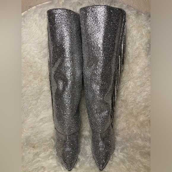 Steve Madden Silver Women's Boots Sanya Rhinestone Fringe Knee High Boot 6M NWOT - Picture 10 of 13